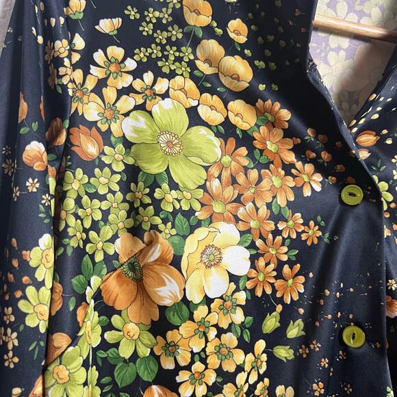 70’s Vintage Black Floral Print Long Sleeve Blouse Size L - Picture 5 of 7